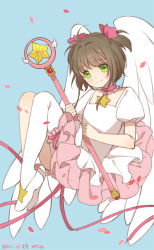 Rule 34 | 1990s (style), 1girl, bad id, bad pixiv id, brown hair, cardcaptor sakura, child, dated, dress, green eyes, hoshi no tsue, kinomoto sakura, mia0309, retro artstyle, ribbon, short hair, short twintails, single thighhigh, solo, thighhighs, twintails, two side up, wand, white thighhighs, wings