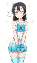 Rule 34 | 10s, 1girl, black hair, blue bow, blue gloves, blue ribbon, blue thighhighs, bow, breasts, cleavage, commentary request, cosplay, daisuki dattara daijoubu!, embarrassed, fingerless gloves, gloves, hair bow, hoshino ouka, love live!, love live! sunshine!!, love live! sunshine!! the school idol movie over the rainbow, medium breasts, medium hair, miniskirt, purple eyes, ribbon, skirt, sleeveless, solo, sparkle, standing, thighhighs, translation request, watanabe tsuki, watanabe you, watanabe you (cosplay), zettai ryouiki