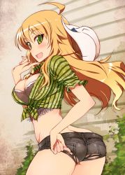 Rule 34 | 1girl, ahoge, ass, bad id, bad pixiv id, blonde hair, blush, breasts, butt crack, cleavage, cowboy hat, fringe trim, green eyes, hat, hoshii miki, idolmaster, idolmaster (classic), kusanagi tonbo, large breasts, long hair, looking at viewer, looking back, midriff, open mouth, short shorts, shorts, smile, solo