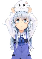 Rule 34 | 1girl, bad id, bad pixiv id, black eyes, blue bow, blue hair, blue ribbon, blue vest, blush, bow, character request, chestnut mouth, closed mouth, collared shirt, commentary request, cosplay, crossover, dress shirt, gochuumon wa usagi desu ka?, hair between eyes, hibiki (kancolle), highres, kafuu chino, kafuu chino (cosplay), kantai collection, long hair, long sleeves, looking up, neck ribbon, on head, osananajimi neko, rabbit house uniform, red bow, ribbon, shirt, simple background, vest, wavy mouth, white background, wing collar