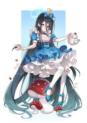 Rule 34 | 1girl, absurdly long hair, alice (alice in wonderland), alice (alice in wonderland) (cosplay), alice in wonderland, aris (blue archive), black hair, blue archive, blue bow, blue choker, blue dress, blue eyes, blue footwear, bow, breasts, card, choker, closed mouth, collarbone, cosplay, crown, cup, dress, footwear bow, hair between eyes, hair bow, head tilt, high heels, highres, holding, holding cup, long hair, long hair between eyes, looking at viewer, mini crown, mushroom, narrowed eyes, pantyhose, petticoat, picter, playing card, puffy short sleeves, puffy sleeves, short sleeves, sitting, small breasts, smile, solo, spilling, tea, teacup, teapot, very long hair, white pantyhose