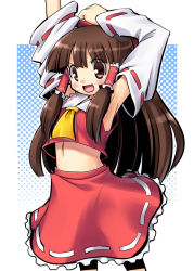 Rule 34 | &gt;:), 1girl, :d, armpits, arms up, blush, brown eyes, brown hair, detached sleeves, female focus, hair ribbon, hakurei reimu, halftone, halftone background, japanese clothes, kanno, midriff, miko, navel, open mouth, red eyes, ribbon, smile, solo, touhou, v-shaped eyebrows