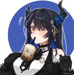 Rule 34 | 1girl, absurdres, asymmetrical horns, balancing, bare shoulders, black hair, blue hair, breasts, bubble tea, bubble tea challenge, colored inner hair, cup, demon horns, disposable cup, drink, drinking, drinking straw, drinking straw in mouth, fur trim, hair ornament, highres, hololive, hololive english, horns, large breasts, long hair, meme, mittsu, mole, mole under eye, multicolored hair, nerissa ravencroft, nerissa ravencroft (1st costume), object on breast, red eyes, solo, two-tone hair, uneven horns, upper body, virtual youtuber