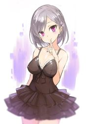 Rule 34 | 1girl, aya-chan (minoa), black dress, breasts, cleavage, dress, covered erect nipples, finger to mouth, flower, hair flower, hair ornament, looking at viewer, minoa (lastswallow), original, purple eyes, red eyes, silver hair, sleeveless, sleeveless dress, smile, solo