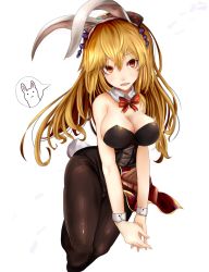 Rule 34 | 1girl, animal ears, bare shoulders, black pantyhose, blonde hair, bow, bowtie, breasts, cleavage, detached collar, fake animal ears, highres, houdukixx, junko (touhou), large breasts, leotard, long hair, looking at viewer, orange eyes, pantyhose, playboy bunny, rabbit ears, red bow, red bowtie, simple background, solo, tassel, touhou, white background, wrist cuffs