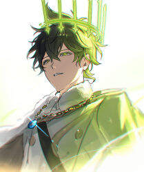 Rule 34 | 1boy, black clover, black hair, buttons, crown, fur trim, green eyes, green hair, heterochromia, highres, jewelry, male focus, multicolored hair, necklace, parted lips, solo, tsugutoku, uniform, yellow eyes, yuno (black clover)