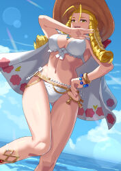 Rule 34 | 1girl, bikini, blonde hair, bracelet, breasts, cleavage, cloud, hand on own hip, hat, highres, jewelry, kanzuki karin, large breasts, looking at viewer, ocean, sky, smile, solo, stomach, street fighter, sun hat, swimsuit, thighs, water, yagi2013, yellow eyes