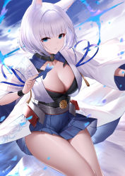 Rule 34 | 1girl, an yasuri, animal ear fluff, animal ears, artist name, azur lane, blue eyes, blue skirt, bob cut, breasts, cleavage, collarbone, corset, eyeshadow, fox ears, fox girl, fox tail, haori, highres, holding, japanese clothes, kaga (azur lane), kikumon, kitsune, large breasts, long sleeves, looking at viewer, makeup, miniskirt, multiple tails, nontraditional miko, open clothes, parted lips, petals, pleated skirt, short hair, signature, skirt, solo, tail, tassel, thighs, white hair, wide sleeves