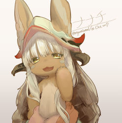 Rule 34 | 1girl, animal ears, artist name, blush, character name, dated, furry, furry female, long hair, looking at viewer, made in abyss, nanachi (made in abyss), nyani, open mouth, smile, solo, twitter username, white hair, yellow eyes