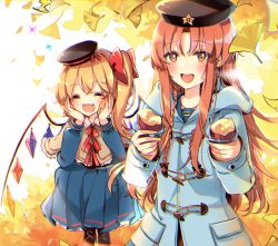 Rule 34 | 2girls, alternate costume, black bow, black headwear, blonde hair, blue jacket, blue shirt, blue skirt, blush, boots, bow, braid, capelet, closed eyes, commentary request, crystal, elbow rest, elbows on knees, fangs, fingernails, flandre scarlet, food, ginkgo leaf, hair bow, hands on own face, hat, hat ornament, hat ribbon, holding, holding food, hong meiling, jacket, kirero, leaf, long fingernails, long hair, long sleeves, looking at viewer, multiple girls, open mouth, outdoors, pleated skirt, red bow, red eyes, red hair, ribbon, roasted sweet potato, shirt, side ponytail, skin fangs, skirt, smile, sparkle, star (symbol), star hat ornament, sweet potato, toggles, touhou, twin braids, wings, roasted sweet potato