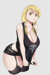 Rule 34 | 1girl, bare shoulders, belt, black thighhighs, blonde hair, breasts, brown eyes, cleavage, fushimi yuyu, garter straps, grey background, large breasts, leaning forward, long hair, looking at viewer, low twintails, miniskirt, open mouth, salad tokutaro, simple background, skirt, skull print, solo, tank top, thighhighs, twintails, usotsuki mii-kun to kowareta maa-chan