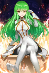 Rule 34 | 1girl, absurdres, breasts, c.c., closed mouth, code geass, crossed legs, gloves, green hair, highres, libra (symbol), long hair, long sleeves, looking at viewer, nero (nilu), no shoes, pantyhose, pillar, sitting, smile, solo, very long hair, white gloves, white pantyhose, yellow eyes, zodiac