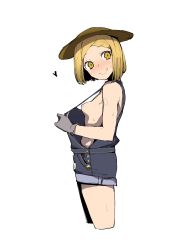 Rule 34 | 1girl, absurdres, blonde hair, blush, bob cut, breasts, cropped legs, fate/grand order, fate (series), hat, heart, highres, jikatarou, looking at viewer, naked overalls, nipples, overalls, paul bunyan (fate), paul bunyan (third ascension) (fate), shorts, simple background, small breasts, smile, solo, straw hat, white background, yellow eyes