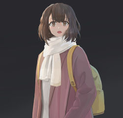 Rule 34 | 1girl, :o, backpack, bag, black background, brown eyes, brown hair, coat, crying, crying with eyes open, long sleeves, looking at viewer, original, present art, scarf, short hair, tears, upper body, white scarf