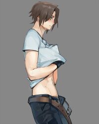 Rule 34 | 1boy, belt, black gloves, black pants, blush, brown hair, clothes lift, final fantasy, final fantasy viii, from side, gloves, male focus, midriff, navel, nini tw99, open belt, open pants, pants, scar, scar on face, scar on forehead, shirt, shirt lift, short hair, solo, squall leonhart, standing, white shirt