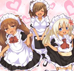 Rule 34 | 10s, ^ ^, alternate costume, alternate hairstyle, apron, ascot, blonde hair, blue eyes, blush, bow, brown eyes, brown hair, closed eyes, clothes lift, enmaided, closed eyes, fang, garter straps, hair ornament, i-401 (kancolle), kantai collection, libeccio (kancolle), long hair, looking at viewer, maid, maid apron, maid headdress, miyamaru, navel, open mouth, ponytail, ro-500 (kancolle), skirt, skirt lift, smile, tan, thighhighs, twintails, white legwear