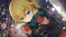 Rule 34 | 1girl, black coat, blonde hair, blurry, blurry background, blush, brown mittens, brown skirt, closed mouth, coat, commentary, depth of field, dutch angle, from above, green eyes, green scarf, hair between eyes, hair ornament, hair ribbon, hands up, heart, heart in eye, long hair, long sleeves, maruma (maruma gic), mittens, original, plaid, plaid scarf, pleated skirt, ponytail, railing, red ribbon, ribbon, scarf, signature, skirt, sleeves past wrists, snowing, solo, symbol-only commentary, symbol in eye, upper body