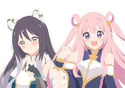 Rule 34 | 2girls, animal ears, blush, breasts, elf, hatsune (princess connect!), kuroha uma, long hair, looking at viewer, multiple girls, open mouth, pointy ears, princess connect!, shiori (princess connect!), smile, white background