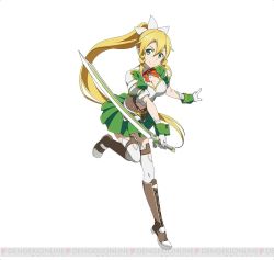 Rule 34 | 10s, 1girl, blonde hair, breasts, cleavage, gloves, green eyes, green skirt, hair ornament, holding, holding sword, holding weapon, leafa, leafa (sao:im), long hair, looking at viewer, pleated skirt, simple background, skirt, smile, solo, sword, sword art online, sword art online: code register, thighhighs, watermark, weapon, white background, white gloves
