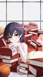 Rule 34 | 1girl, arched back, ass, bakemonogatari, ball, bandaged arm, bandages, barefoot, basketball, basketball (object), bed sheet, blue hair, book, book stack, completely nude, elbow rest, gnns, highres, indoors, looking at viewer, lying, monogatari (series), nude, nudist, on stomach, orange eyes, pile of books, pillow, short hair, smile, solo, the pose