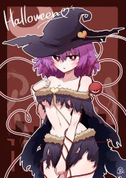 Rule 34 | 1girl, absurdres, alternate costume, bare shoulders, blush, breasts, bright pupils, cleavage, collarbone, cowboy shot, english text, fur trim, ghost, halloween, halloween costume, hat, hat ornament, heart, heart hat ornament, highres, komeiji satori, looking at viewer, medium breasts, navel, pink eyes, pink hair, scavia10, short hair, sidelocks, skirt, solo, standing, stomach, string, thighs, third eye, torn clothes, torn skirt, touhou, underboob, white pupils, witch hat