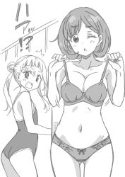 Rule 34 | !?, ^^^, arashi chisato, arms up, bare arms, bare legs, bare shoulders, behind another, blunt bangs, blush, bow, bow panties, bra, breast envy, breast lift, breasts, breasts, breasts squeezed together, butt crack, cleavage, collarbone, commentary, double bun, greyscale, hair bun, handrail, hip bones, locker, long hair, looking at another, love live!, love live! superstar!!, marugoshi teppei, medium breasts, midriff, monochrome, motion lines, navel, one eye closed, open mouth, panties, parted lips, school swimsuit, short hair, sketch, sketch background, small breasts, strap pull, surprised, swimsuit, tang keke, tight clothes, translated, underwear, unfinished