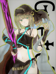 Rule 34 | 1boy, akitama2727, asymmetrical gloves, bare shoulders, brown gloves, brown hair, brown headwear, brown skirt, closed mouth, crossdressing, elbow gloves, gloves, green eyes, gretel (sinoalice), grey background, hair between eyes, holding, holding instrument, instrument, looking at viewer, navel, short hair, simple background, sinoalice, skirt, smile, solo, trap, turban, uneven gloves