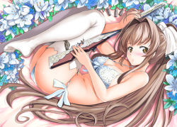 Rule 34 | 10s, 1girl, amagi brilliant park, antenna hair, ass, bed sheet, bikini, blush, bow, bra, breasts, brown hair, bullet, cleavage, cross-laced clothes, cross-laced legwear, feet, fetal position, floral print, flower, folded, from above, from side, front-tie bikini top, front-tie top, grey hair, gun, hair bow, hair intakes, high ponytail, holding, holding weapon, indoors, long hair, looking at viewer, lying, navel, no shoes, nylon (nylon 100%), on bed, on side, plantar flexion, ponytail, ribbon, rifle, sento isuzu, side-tie bikini bottom, sideboob, sidelocks, solo, strap gap, string bikini, swimsuit, thighhighs, underwear, very long hair, weapon, white bikini, white bra, white thighhighs, yabitu040, yellow eyes