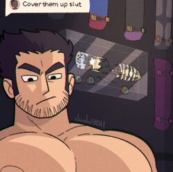 Rule 34 | 1boy, :/, art gallery, bara, beard stubble, black hair, cover them up slut (meme), dialogue box, facial hair, frown, highres, huge eyebrows, in-universe location, indoors, large pectorals, lucas lee, male focus, meme, muscular, muscular male, nipples, nude, nunu (nunu91011), pectoral focus, pectorals, scott pilgrim (series), scott pilgrim takes off, short hair, skateboard, smile, solo, stubble, upper body, user interface