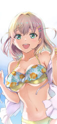 Rule 34 | 1girl, absurdres, bikini, breasts, commentary request, cowboy shot, drawstring, gonta (gshoutai), gradient background, green eyes, highres, hinoshita kaho, jacket, jacket over swimsuit, link! like! love live!, looking at viewer, love live!, medium breasts, medium hair, mismatched bikini, open mouth, orange hair, round teeth, side ahoge, smile, solo, swimsuit, teeth, upper teeth only, virtual youtuber, w arms, white background, white jacket