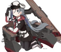 Rule 34 | 1girl, bad id, bad twitter id, black pantyhose, blue hair, cannon, capelet, commentary request, cosplay, cross, flight deck, gloves, graf zeppelin (kancolle), graf zeppelin (kancolle) (cosplay), grey eyes, grey hair, hand on headwear, hat, highres, iron cross, jacket, kantai collection, kiyoshimo (kancolle), kneeling, looking at viewer, low twintails, machinery, miniskirt, multicolored hair, necktie, one eye closed, pantyhose, peaked cap, riz (ravel dc), skirt, smile, solo, twintails, twitter username