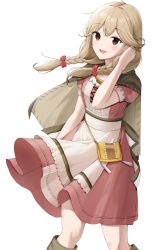 Rule 34 | 1girl, absurdres, apron, bag, blonde hair, braid, breasts, brown eyes, capelet, commission, dada (dadada 20), faye (fire emblem), fire emblem, fire emblem echoes: shadows of valentia, flowing dress (dq), hair flowing over, handbag, highres, knees, looking at viewer, nintendo, open mouth, pixiv commission, thighs, white background
