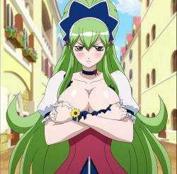 Rule 34 | 1girl, :&lt;, blush, breasts, cleavage, covering privates, covering breasts, embarrassed, female focus, frown, green hair, highres, ixion saga, large breasts, maid, mariandale, purple eyes, screencap, torn clothes