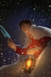 Rule 34 | 1boy, black hair, brown eyes, cloak, cocoice025, crying, crying with eyes open, ghost, highres, holding, holding hands, holding lantern, lantern, long sleeves, male focus, night, night sky, outdoors, sky, snowing, standing, tears