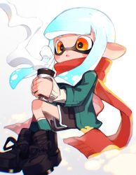 Rule 34 | 1girl, absurdres, black footwear, black shorts, blue hair, cup, highres, holding, holding cup, inari1369, inkling, inkling girl, inkling player character, light blue hair, long hair, long sleeves, nintendo, open mouth, orange eyes, red scarf, scarf, shorts, sitting, sleeves past wrists, solo, splatoon (series), steam, tentacle hair
