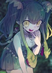 Rule 34 | 1girl, blurry, blurry background, breasts, cleavage, fang, female focus, green hair, highres, jewelry, ketopon, leaning forward, monster girl, necklace, open mouth, original, plant girl, pointy ears, skirt, slit pupils, solo, twintails, yellow eyes