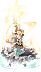 Rule 34 | 10s, 1girl, armor, armored dress, blue dress, breastplate, charlotta (granblue fantasy), crown, dress, full body, gauntlets, granblue fantasy, harvin, harvin, high heels, highres, holding, holding sword, holding weapon, long hair, nanahara fuyuki, pointy ears, simple background, solo, sword, weapon, white background