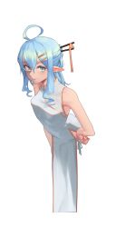 Rule 34 | 1girl, ahoge, bare shoulders, blue eyes, blue hair, blue panties, blush, closed mouth, commentary request, cropped legs, cropped torso, female focus, hair ornament, hairclip, hairpin, half updo, hand on own hip, hands on own hips, highres, leaning forward, litra (ltr0312), looking at viewer, original, panties, pelvic curtain, pointy ears, side-tie panties, simple background, smile, solo, standing, underwear, white background