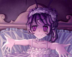 Rule 34 | 1girl, antenna, arthropod girl, bed, choker, creepy, dress, entoma vasilissa zeta, headband, highres, looking at viewer, monster girl, outstretched arms, overlord (maruyama), red eyes, white dress