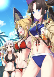 Rule 34 | 3girls, :d, abs, ahoge, bag, bikini, black bikini, black hair, blonde hair, blue bikini, blue eyes, braid, breasts, brown eyes, cleavage, coconat summer, commentary request, cowboy shot, cup, day, drinking straw, fate/grand order, fate (series), food, front-tie bikini top, front-tie top, green eyes, groin, hair bun, hair ornament, hair scrunchie, hand on own hip, highres, holding, holding cup, holding food, ice cream, jacket, long hair, medium breasts, mordred (fate), mordred (fate) (all), mordred (fate/apocrypha), mordred (swimsuit rider) (fate), mordred (swimsuit rider) (first ascension) (fate), multiple girls, navel, open mouth, outdoors, palm tree, parted bangs, penthesilea (fate), ponytail, red bikini, red scrunchie, scrunchie, shoulder bag, side bun, side ponytail, sidelocks, silver hair, single side bun, smile, standing, surfboard, swimsuit, tied jacket, tied sleeves, tree, ushiwakamaru (fate), ushiwakamaru (fate/grand order), ushiwakamaru (swimsuit assassin) (fate), ushiwakamaru (swimsuit assassin) (first ascension) (fate), v-shaped eyebrows, yellow jacket