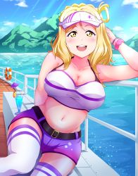Rule 34 | 10s, 1girl, absurdres, blonde hair, blush, braid, breasts, cleavage, crown braid, green eyes, hair rings, highres, large breasts, looking at viewer, love live!, love live! sunshine!!, ohara mari, open mouth, shorts, smile, solo, strapless, teeth, thighhighs, tsumikiy, tube top, yacht, yellow eyes