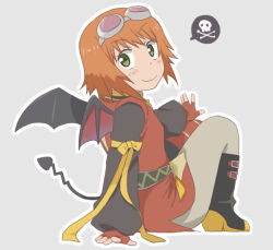 Rule 34 | 00s, 1girl, bat wings, blush, boots, goggles, goggles on head, green eyes, josephine-843, orange hair, rita mordio, short hair, solo, tail, tales of (series), tales of vesperia, wings