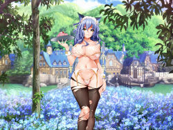 Rule 34 | 1girl, animal ears, artist request, ass, bad id, bad pixiv id, black pantyhose, blue flowers, blue hair, blue sky, breasts, brown eyes, building, cake, cake slice, character request, cleavage, copyright request, day, derivative work, dock, eyes visible through hair, flower, food, forget-me-not (flower), hair between eyes, highres, hill, holding, holding tray, large breasts, long hair, navel, original, outdoors, panties, pantyhose, sky, standing, torn, torn clothes, torn legwear, tray, tree, underwear, waitress, water, wrist cuffs