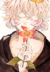 Rule 34 | 1boy, blind, blindfold, collarbone, crown, flower, highres, holding, holding flower, male focus, portrait, prince, solo, traditional media, usotsuki hime to moumoku ouji, white hair