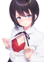 Rule 34 | 1girl, black hair, black ribbon, black skirt, blue eyes, blush, bra, breast pocket, breasts, cleavage, closed mouth, collared shirt, embarrassed, frown, highres, looking at viewer, neck ribbon, open clothes, open shirt, original, partially unbuttoned, pocket, red bra, ribbon, shirt, short hair, simple background, skirt, small breasts, solo, underwear, wavy mouth, white background, white shirt, yuna rebun