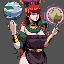Rule 34 | 1girl, belt, black shirt, bracelet, breasts, choker, cleavage, colored sclera, earth (ornament), gold, gold belt, hades (series), hades 1, hecatia lapislazuli, highres, jewelry, lips, moon (ornament), off-shoulder shirt, off shoulder, praeto, red eyes, red hair, shirt, simple background, snake, solo, touhou, white background, yellow sclera