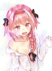 Rule 34 | 1boy, :o, areola slip, astolfo (fate), black bow, bow, braid, buttons, clothes down, collarbone, collared shirt, commentary request, dot nose, dress shirt, fate/apocrypha, fate (series), from above, hair intakes, hair over shoulder, hand up, highres, long hair, long sleeves, looking at viewer, looking up, male focus, multicolored hair, no bra, open mouth, oversized clothes, oversized shirt, pink hair, purple eyes, raised eyebrows, shirt, simple background, single braid, sleeves past wrists, solo, streaked hair, trap, two-tone hair, upper body, white background, white hair, white shirt, wing collar, yuneru (haryun995)