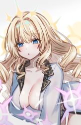Rule 34 | 1girl, blonde hair, blue eyes, blush, breast hold, breasts, collarbone, cowboy shot, crown (naked king) (nikke), crown (nikke), drill hair, goddess of victory: nikke, highres, hoshino hikari, large breasts, leaning forward, long hair, long sleeves, looking at viewer, naked robe, official alternate costume, open clothes, open robe, parted lips, robe, simple background, solo, sparkle, sparkle hair ornament, twisted hair, white background, white robe