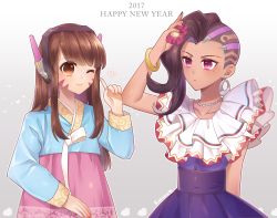 Rule 34 | 2girls, adjusting hair ornament, alternate costume, asymmetrical hair, bangle, bracelet, brown eyes, brown hair, collarbone, commentary request, d.va (overwatch), dark-skinned female, dark skin, dress, earrings, facepaint, facial mark, flower, frilled dress, frills, gradient background, grey background, hair flower, hair ornament, hanbok, happy new year, headphones, heart, highres, hoop earrings, index finger raised, jewelry, kaoruru (sakuno2911), korean clothes, light smile, long hair, long sleeves, looking at another, mexican dress, mole, mole under eye, multicolored hair, multiple girls, nail polish, necklace, new year, one eye closed, overwatch, overwatch 1, purple dress, purple eyes, signature, sombra (overwatch), swept bangs, traditional clothes, two-tone hair, upper body, whisker markings