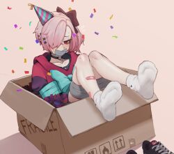 Rule 34 | 1girl, absurdres, bandaid, bandaid on leg, black choker, black hoodie, blush, bound, bound legs, bow, box, cardboard box, choker, collarbone, commentary, confetti, dutch angle, ear piercing, ear spike, english commentary, english text, eyelashes, feet, feet up, foreshortening, gag, gagged, hair bow, hair ornament, hair over one eye, hat, highres, hood, hoodie, improvised gag, in box, in container, k-rha&#039;s, knees up, legs, medium hair, no shoes, o-ring, o-ring choker, original, parted bangs, party hat, piercing, pink hair, red eyes, red hoodie, restrained, ringed eyes, shiny skin, shoes, unworn shoes, side ponytail, sidelocks, sitting, sleeves past wrists, sneakers, socks, soles, solo, sweatdrop, tan background, tape, tape bondage, tape gag, thighs, toes, variant set, violett (k-rha), white socks, x hair ornament
